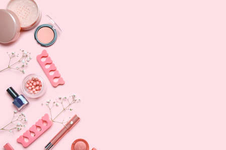 Set of decorative cosmetics with accessories on color backgroundの写真素材