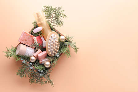 Christmas composition products for spa treatment on color backgroundの写真素材