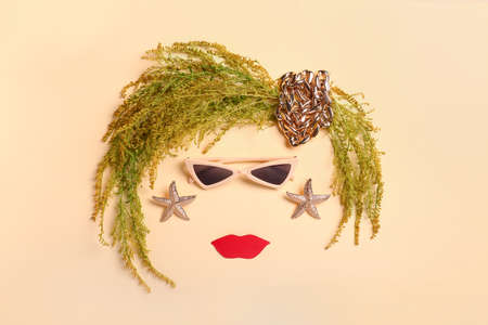 Creative composition with stylish sunglasses on color backgroundの写真素材