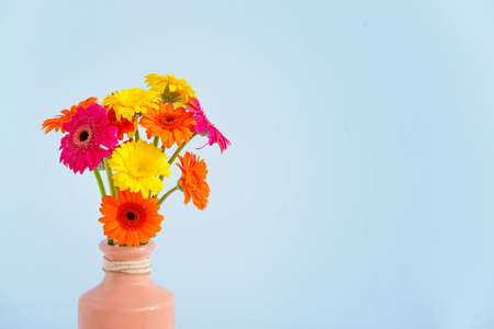 Vase with beautiful gerbera flowers on color backgroundの写真素材