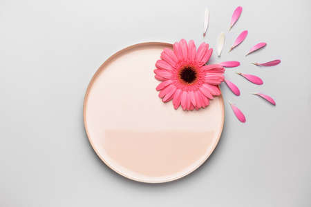 Beautiful gerbera flower and plate on light background