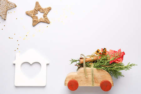 Beautiful composition with Christmas decor on light background