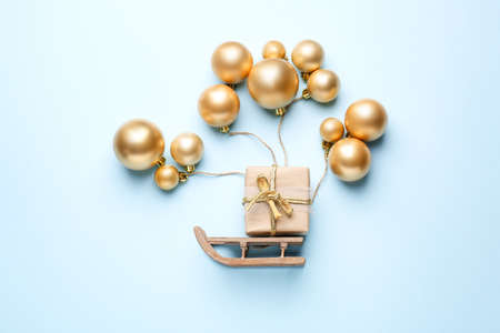 Beautiful composition with Christmas decor on color backgroundの写真素材