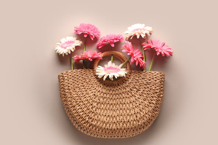 Eco bag with fresh flowers on gray backgroundの写真素材