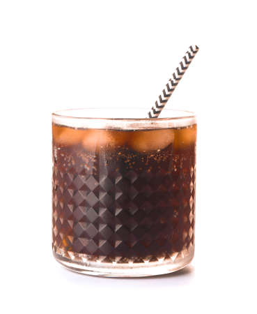 Glass of cold cola on white background