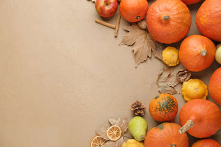 Autumn composition with fresh pumpkins on color background