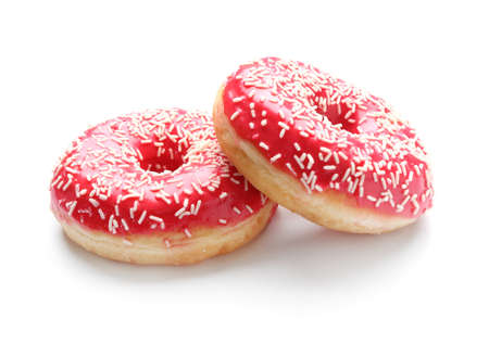 Sweet tasty donuts on white backgroundの写真素材