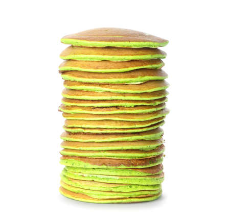 Tasty green pancakes on white backgroundの写真素材
