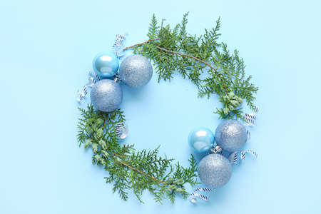 Beautiful Christmas composition on color backgroundの写真素材