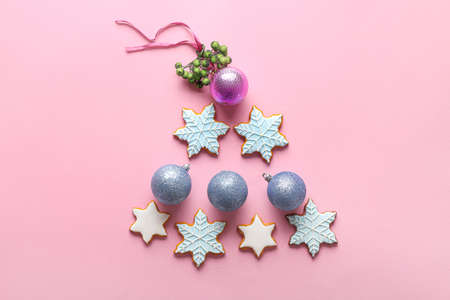 Beautiful Christmas composition on color backgroundの写真素材