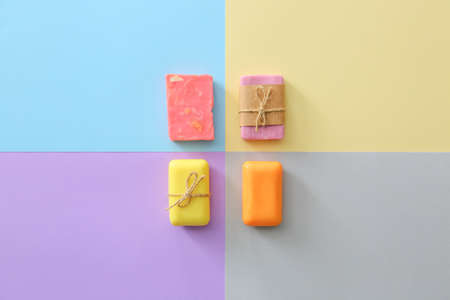 Different soap on color backgroundの写真素材