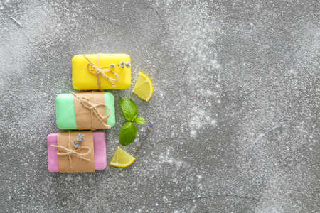 Different soap on gray backgroundの写真素材