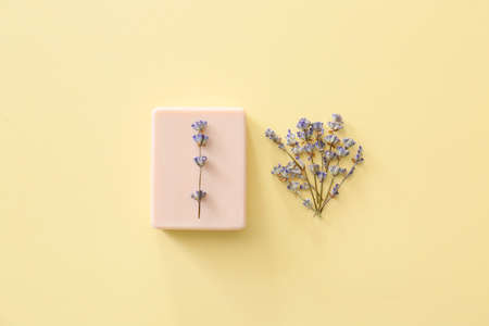 Soap with lavender on color background