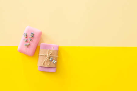 Soap with lavender on color background
