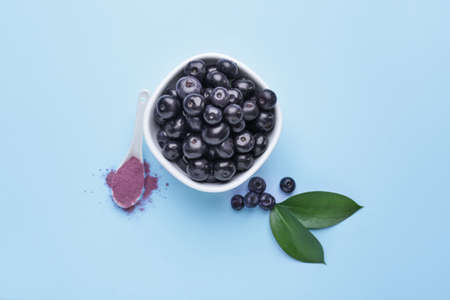 Bowl with fresh acai berries and spoon with powder on color backgroundの写真素材