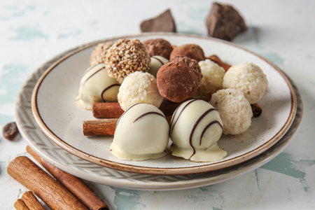 Plate with tasty sweet truffles and cinnamon on light background