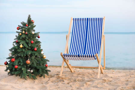 Sun lounger and Christmas tree on sea beachの写真素材