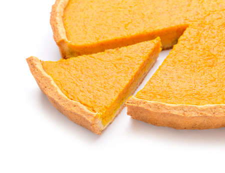 Tasty pumpkin pie on white background, closeup