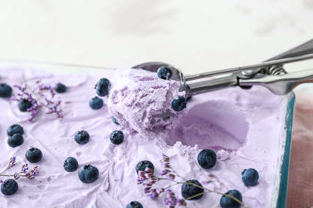 Tasty blueberry ice cream in bowl closeup