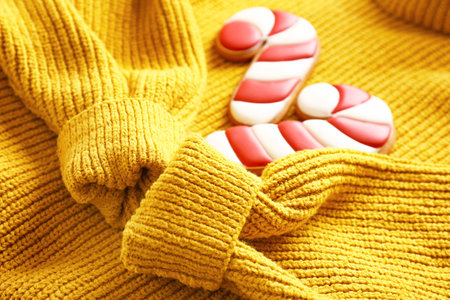 Christmas cookies on warm knitted sweaterの写真素材