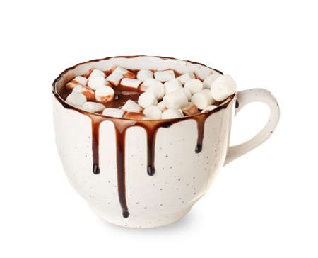 Cup of hot chocolate with marshmallows on white background