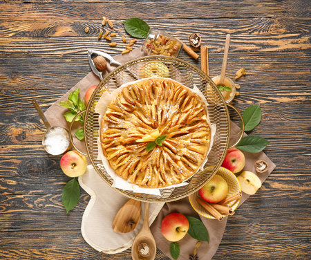 Sweet apple pie on wooden tableの写真素材