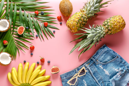 Summer composition with tropical fruits, shorts and sunglasses on color background