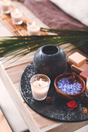 Composition with spa items on table in salonの写真素材