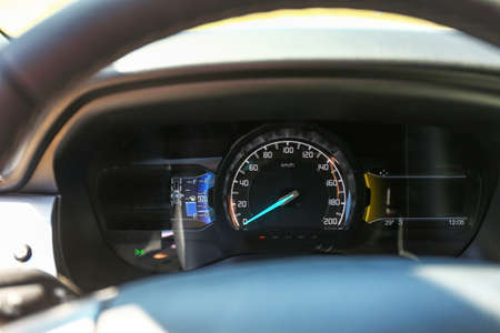 View of dashboard in modern car, closeup