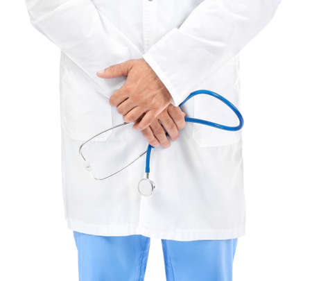Male doctor with stethoscope on white background, closeup