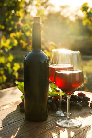 Glasses and bottle of red wine with fresh grapes on wooden table in vineyardの写真素材