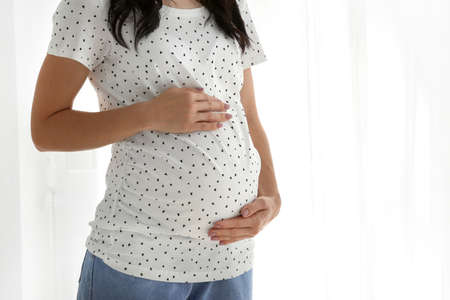 Beautiful young pregnant woman near window