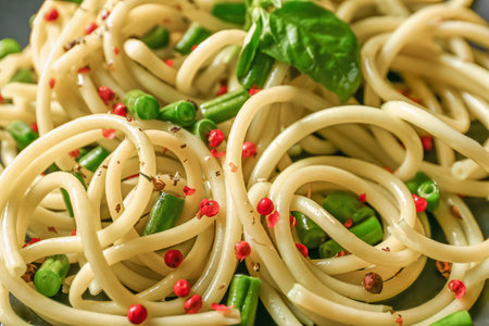 Tasty pasta with beans and spices, closeupの写真素材