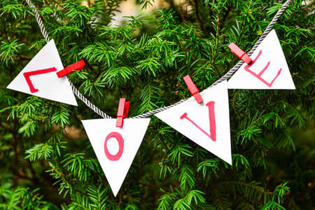 Garland with word LOVE hanging outdoors