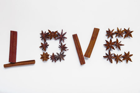 Word LOVE made of spices on color backgroundの写真素材