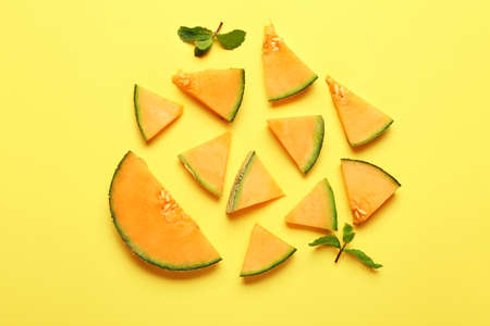 Sweet cut melon on color backgroundの写真素材