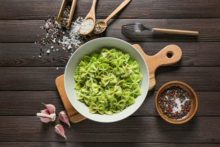 Plate with tasty boiled pasta on tableの写真素材