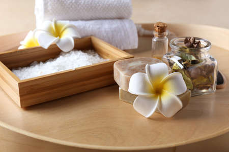Accessories and cosmetics for personal hygiene on tray, closeupの写真素材