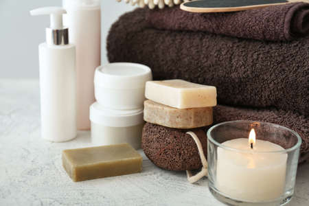 Accessories and cosmetics for personal hygiene on tableの写真素材