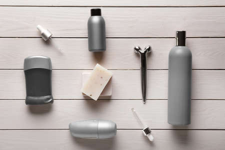 Cosmetics for personal hygiene on wooden backgroundの写真素材