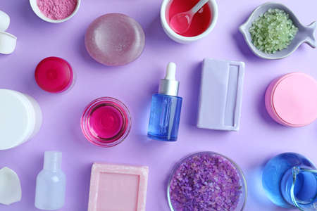Composition with cosmetics for spa procedures on color background