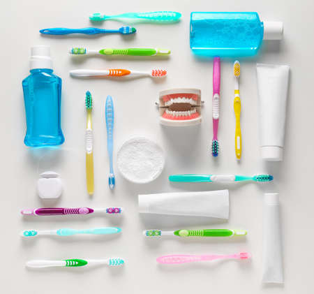 Set for dental hygiene on light backgroundの写真素材