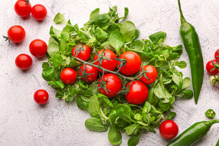 Fresh tomatoes, chili pepper and herbs on light table