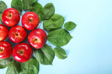 Fresh ripe apples on color backgroundの写真素材