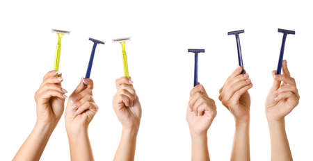 Hands with different razors for shaving on white background
