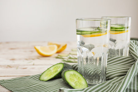 Glasses of healthy infused water on tableの写真素材