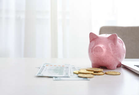 Piggy bank with laptop and money on tableの写真素材