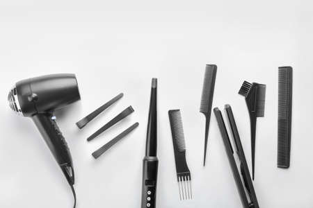 Professional hairdresser's set on white backgroundの写真素材