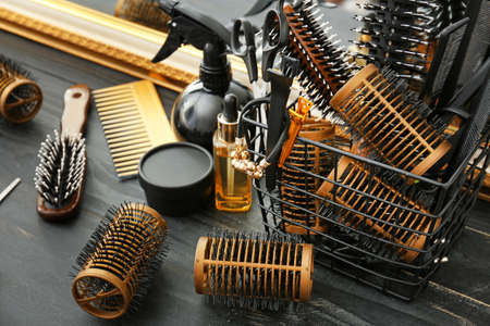 Professional hairdresser's tools on table in salonの写真素材