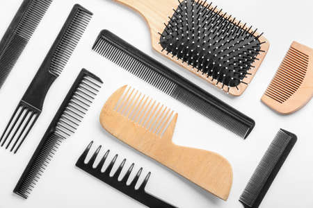 Professional hairdresser's set on white backgroundの写真素材